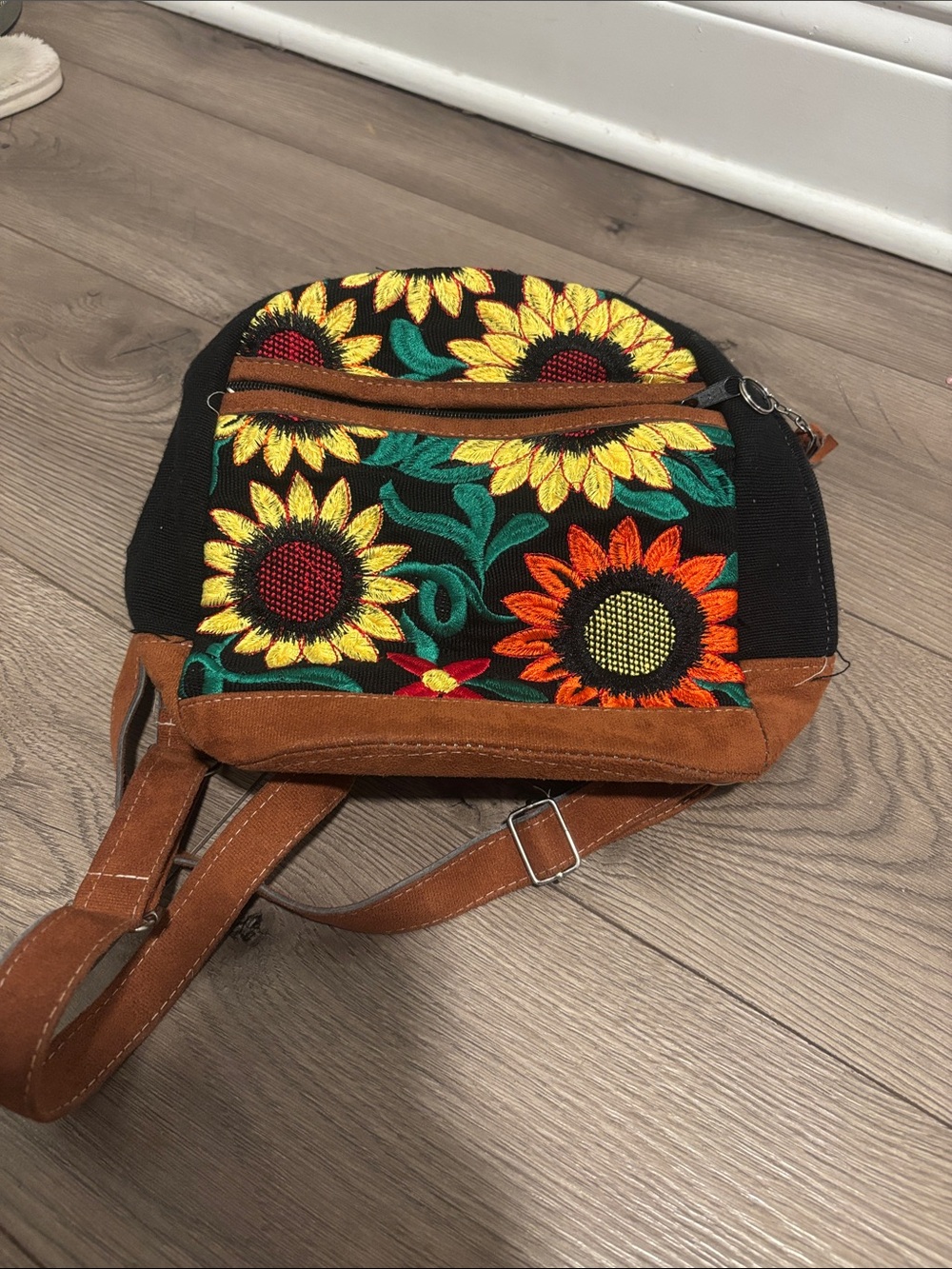 Sunflower Embroidered Canvas Crossbody Bag - Black & Brown